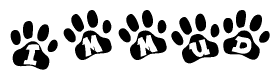 The image shows a series of animal paw prints arranged in a horizontal line. Each paw print contains a letter, and together they spell out the word Immud.