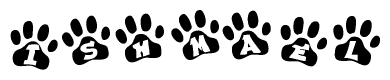 The image shows a row of animal paw prints, each containing a letter. The letters spell out the word Ishmael within the paw prints.