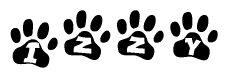 The image shows a row of animal paw prints, each containing a letter. The letters spell out the word Izzy within the paw prints.
