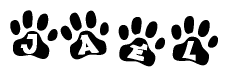 The image shows a series of animal paw prints arranged horizontally. Within each paw print, there's a letter; together they spell Jael
