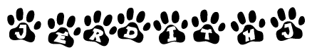 The image shows a series of animal paw prints arranged in a horizontal line. Each paw print contains a letter, and together they spell out the word Jerdithj.