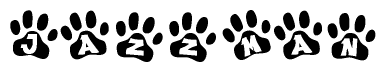 The image shows a series of animal paw prints arranged in a horizontal line. Each paw print contains a letter, and together they spell out the word Jazzman.
