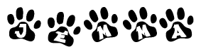 The image shows a row of animal paw prints, each containing a letter. The letters spell out the word Jemma within the paw prints.