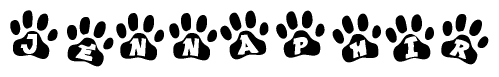 The image shows a series of animal paw prints arranged in a horizontal line. Each paw print contains a letter, and together they spell out the word Jennaphir.