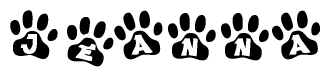 The image shows a series of animal paw prints arranged horizontally. Within each paw print, there's a letter; together they spell Jeanna