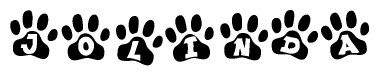 The image shows a series of animal paw prints arranged horizontally. Within each paw print, there's a letter; together they spell Jolinda