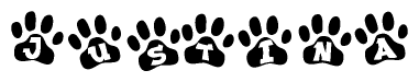 The image shows a series of animal paw prints arranged in a horizontal line. Each paw print contains a letter, and together they spell out the word Justina.