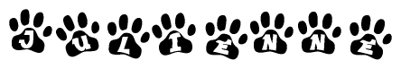 The image shows a series of animal paw prints arranged horizontally. Within each paw print, there's a letter; together they spell Julienne