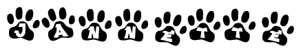 The image shows a row of animal paw prints, each containing a letter. The letters spell out the word Jannette within the paw prints.