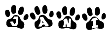 The image shows a series of animal paw prints arranged horizontally. Within each paw print, there's a letter; together they spell Jani