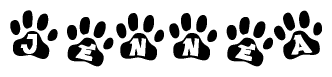 The image shows a row of animal paw prints, each containing a letter. The letters spell out the word Jennea within the paw prints.
