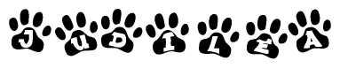 The image shows a series of animal paw prints arranged horizontally. Within each paw print, there's a letter; together they spell Judilea