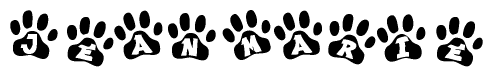 The image shows a row of animal paw prints, each containing a letter. The letters spell out the word Jeanmarie within the paw prints.