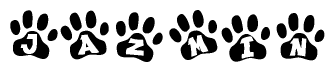 The image shows a row of animal paw prints, each containing a letter. The letters spell out the word Jazmin within the paw prints.