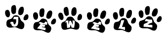 The image shows a row of animal paw prints, each containing a letter. The letters spell out the word Jewelz within the paw prints.
