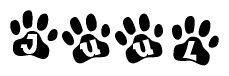 The image shows a series of animal paw prints arranged horizontally. Within each paw print, there's a letter; together they spell Juul