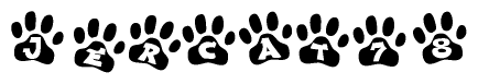 The image shows a series of animal paw prints arranged in a horizontal line. Each paw print contains a letter, and together they spell out the word Jercat78.