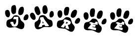 The image shows a row of animal paw prints, each containing a letter. The letters spell out the word Jaree within the paw prints.