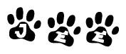 The image shows a series of animal paw prints arranged horizontally. Within each paw print, there's a letter; together they spell Jee