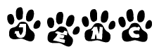 The image shows a row of animal paw prints, each containing a letter. The letters spell out the word Jenc within the paw prints.
