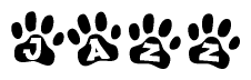 The image shows a series of animal paw prints arranged in a horizontal line. Each paw print contains a letter, and together they spell out the word Jazz.
