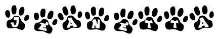 The image shows a series of animal paw prints arranged in a horizontal line. Each paw print contains a letter, and together they spell out the word Jeanetta.