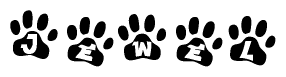 The image shows a series of animal paw prints arranged in a horizontal line. Each paw print contains a letter, and together they spell out the word Jewel.