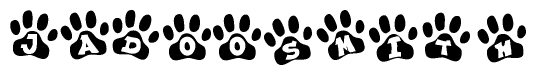 The image shows a series of animal paw prints arranged in a horizontal line. Each paw print contains a letter, and together they spell out the word Jadoosmith.