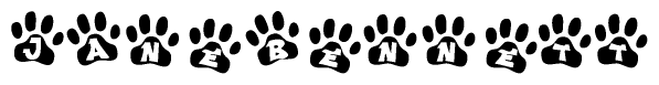 The image shows a row of animal paw prints, each containing a letter. The letters spell out the word Janebennett within the paw prints.