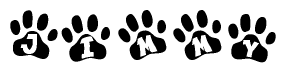 The image shows a series of animal paw prints arranged in a horizontal line. Each paw print contains a letter, and together they spell out the word Jimmy.