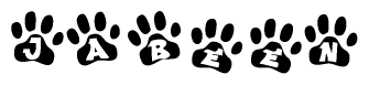 The image shows a series of animal paw prints arranged horizontally. Within each paw print, there's a letter; together they spell Jabeen