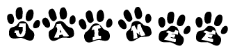 The image shows a row of animal paw prints, each containing a letter. The letters spell out the word Jaimee within the paw prints.