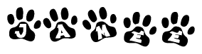 The image shows a row of animal paw prints, each containing a letter. The letters spell out the word Jamee within the paw prints.