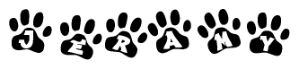 The image shows a series of animal paw prints arranged horizontally. Within each paw print, there's a letter; together they spell Jeramy