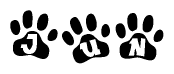 The image shows a row of animal paw prints, each containing a letter. The letters spell out the word Jun within the paw prints.