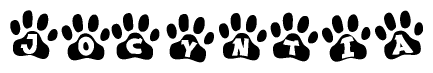 The image shows a series of animal paw prints arranged horizontally. Within each paw print, there's a letter; together they spell Jocyntia