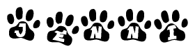 The image shows a series of animal paw prints arranged in a horizontal line. Each paw print contains a letter, and together they spell out the word Jenni.