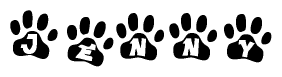 The image shows a row of animal paw prints, each containing a letter. The letters spell out the word Jenny within the paw prints.