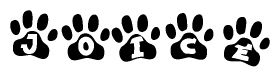 The image shows a series of animal paw prints arranged in a horizontal line. Each paw print contains a letter, and together they spell out the word Joice.
