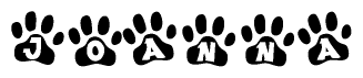 The image shows a row of animal paw prints, each containing a letter. The letters spell out the word Joanna within the paw prints.