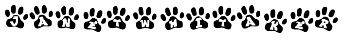 The image shows a series of animal paw prints arranged horizontally. Within each paw print, there's a letter; together they spell Janetwhitaker