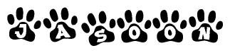 The image shows a series of animal paw prints arranged in a horizontal line. Each paw print contains a letter, and together they spell out the word Jasoon.