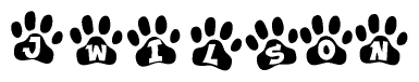 The image shows a row of animal paw prints, each containing a letter. The letters spell out the word Jwilson within the paw prints.