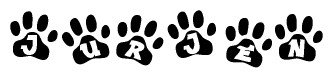 The image shows a series of animal paw prints arranged in a horizontal line. Each paw print contains a letter, and together they spell out the word Jurjen.