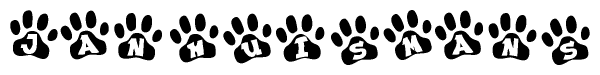 The image shows a series of animal paw prints arranged horizontally. Within each paw print, there's a letter; together they spell Janhuismans