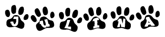 The image shows a series of animal paw prints arranged horizontally. Within each paw print, there's a letter; together they spell Julina