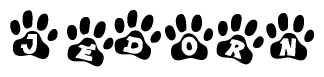 The image shows a row of animal paw prints, each containing a letter. The letters spell out the word Jedorn within the paw prints.