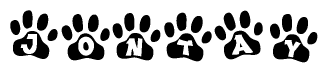 The image shows a series of animal paw prints arranged in a horizontal line. Each paw print contains a letter, and together they spell out the word Jontay.