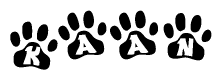 The image shows a series of animal paw prints arranged in a horizontal line. Each paw print contains a letter, and together they spell out the word Kaan.