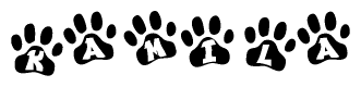 The image shows a row of animal paw prints, each containing a letter. The letters spell out the word Kamila within the paw prints.